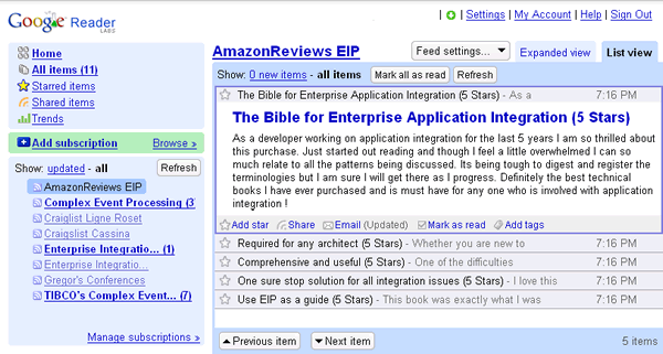 Reviews for Enterprise Integration Patterns in Google Reader